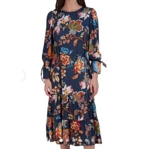 Julia Jordan Floral Print Tie Waist Tiered Midi Dress Blue Multi Drawstring M